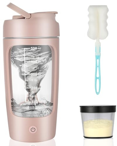 BUTBU Shaker Elettrico, Ricaricabile Tramite Usb-C, Fatto Tritan, Prova Di Perdite, Funzione Autopulente, Per Frullati Proteici E Frullati Sostitutivi Dei Pasti-650 Ml* Rosa (Con Pennello A Spugna)