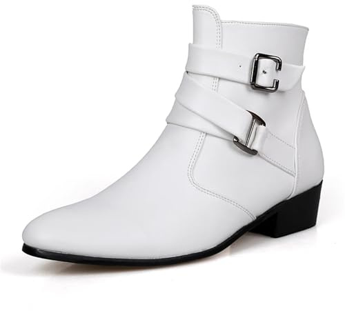 IRGVJIFR Stivali Cowboy Uomo Stivali da uomo in pelle, stivali bianchi, casual, alti, con cinturino e fibbia, scarpe eleganti, motociclista Per viaggiare(White,46)