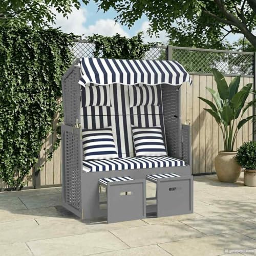 Bendmaxx Strandkorb mit Kissen aus Poly Rattan und Massivholz, 115x55x156 cm, 3-Fach verstellbare Rückenlehne, Sonnendach, gepolsterte Fußhocker, ideal als Gartenliege, Terrassenliege