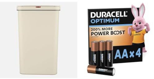 Tower T838005C Sensor Bin with Retainer Ring, Battery-Operated, 50L, Cream + Duracell Optimum pack of 4 AA