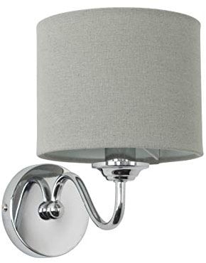 MiniSun | Modern Chrome Curved Arm Wall Light Fitting with a Grey Linen Drum Shade | Home Décor, Bedside & Desk Lamp