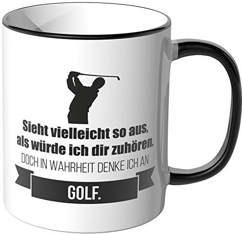 JUNIWORDS Tasse - Ich denke an Golf - Wähle Motiv & Farbe - Schwarz