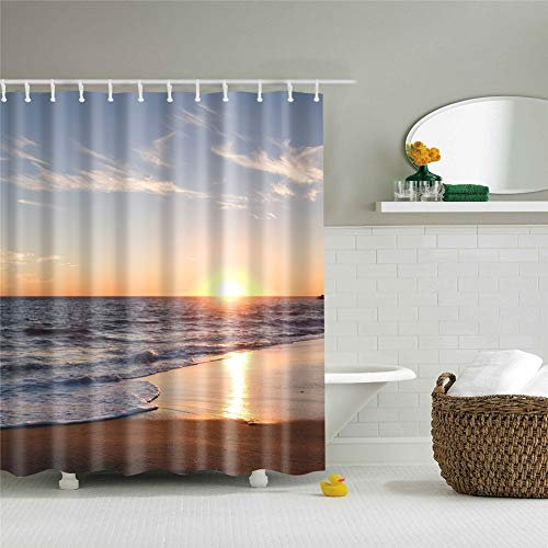 FANSU Duschvorhang Anti-Schimmel, 3D Drucken 100% Polyester Bad Vorhang Wasserdicht Anti-Bakteriell mit C-Form Kunststoff Haken mit 12 Ringe für Badzimmer (90x180cm,Strand)