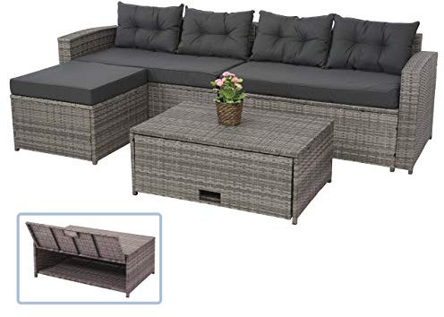 Mendler Poly-Rattan Garnitur HWC-J34, Balkon-/Garten-/Lounge-Set Sitzgruppe Sofa, Staufach - grau, Kissen dunkelgrau