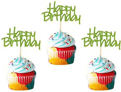 Arthsdite 24pcs Happy Birthday Cupcake Toppers Pre-Assembled Green Glitter Cake Food Fruit Picks for Celebrating Birthday Party Decoration Supplies