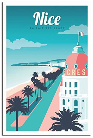 UEJD Nice France Bay Vintage Reiseposter Dekorative Poster Modern Schlafzimmer Leinwand Kunst Poster Bild Malerei Poster Wanddekoration Kunst Geschenk
