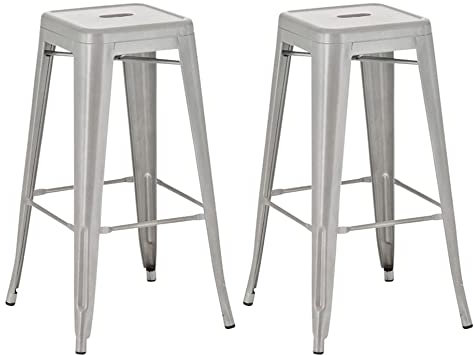 TPFLiving Barhocker Joy 2er Set mit angenehmer Fußstütze - Gestell Metall Silber - Sitzfläche: Metall Silber