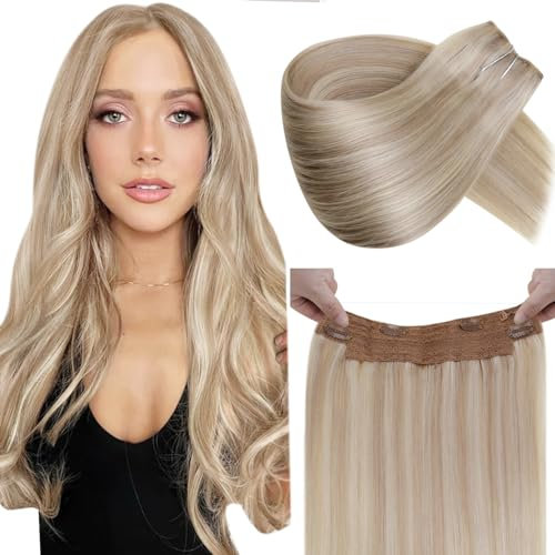 LaaVoo Extensions Echthaar mit Draht Ashblond Invisible Secret Wire Extensions Echthaar Highlighted Blond Hellblond Extensions Echthaar mit Unsichtbarem Draht Glatt 80g #p18/613 40cm