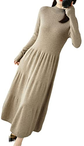 Ownwfeat Abito da donna in lana di cashmere a maniche lunghe in maglia morbida mezza dolcevita abito lungo, Come mostrato, M