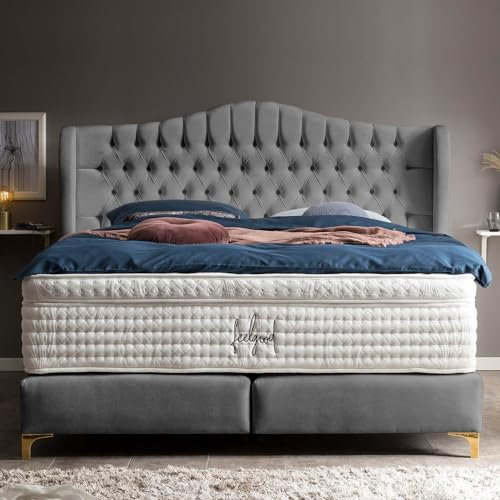 Boxspringbett Maison 180x200 Samt-Stoff, ohne Visco-Topper, Füße Gold-Optik, Hotelbett, ohne Bettkasten, 7 Zonen Taschenfederkern-Matratze, Aufbau KOSTENLOS (Dunkelgrau, 180x200 cm ohne Topper)