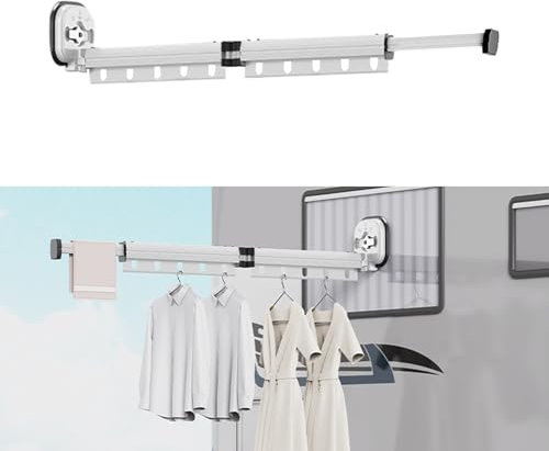 Wäscheständer, Einziehbar Wandmontierter Kleiderständer mit Saugnapf, Versenkbar Zusammenklappbar Kleiderstange mit Haken & Handtuchhalter Balkon,Wäsche, Badezimmer, Schlafzimmer (Milchig Weiß 2-fach)