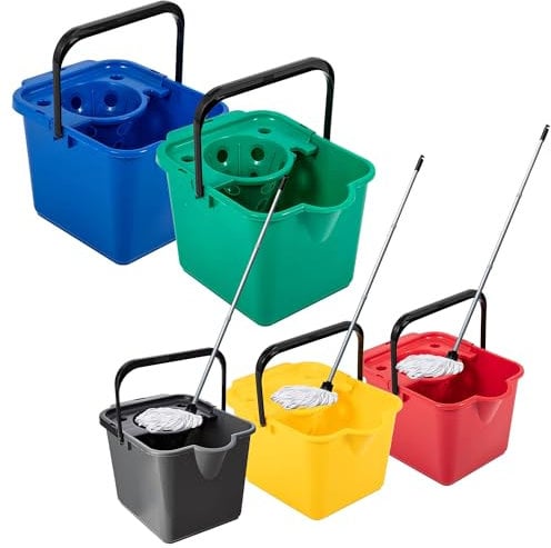12L Blue, Green, Yellow, Red Or Metallic Cotton Mop & Bucket Set With Pouring Lip For Cleaning Floors & Tiled Surfaces (Yellow - Mop & Bucket, 1 Set)