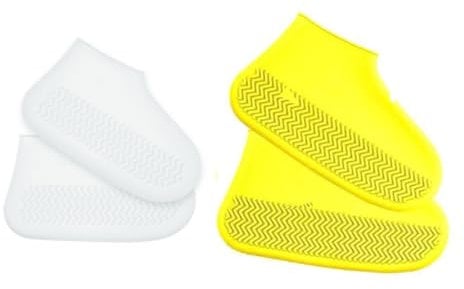 Amindz silikon überschuhe,Wasserdichte Überschuhe, 2 Paar wasserdichte rutschfeste, wiederverwendbare Überschuhe aus Silikon für verregnete und verschneite Tage, weiß Größe M, gelb Größe L