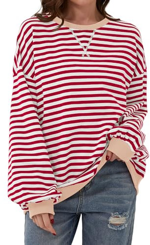 TERIVEEK Women's 2000s Casual Loose Oversized Striped Crewneck Long-Sleeve Sweatshirt, Red/White, L