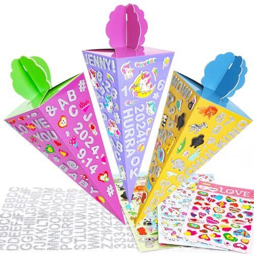 Geschwisterschultüte,3stk Faltbare Zuckertüte zum Befullen 32cm für die Einschulung zum Schulanfang,Schultüte Klein mit Moosgummi Aufklebern DIY Geschenkverpackung für Kinder Schuleinführung Party