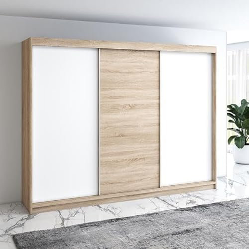 A&J MöbelLand Moderne 3-türiger Kleiderschrank mit Schwebetüren und 4 Schubladen, 200 cm, Weiß (Sonoma/weiß/Sonoma/weiß)