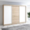 A&J MöbelLand Moderne 3-türiger Kleiderschrank mit Schwebetüren und 4 Schubladen, 200 cm, Weiß (Sonoma/weiß/Sonoma/weiß)