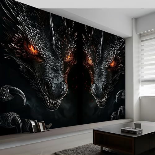 Wandtapete Tierspiel Drache Fototapete, Schwarz Vliestapete Bild Wand Dekoration, 200 x 140 cm (B x H) Tapete Panorama Poster Für Mädchen, Jungs Schlafzimmer Wohnzimmer