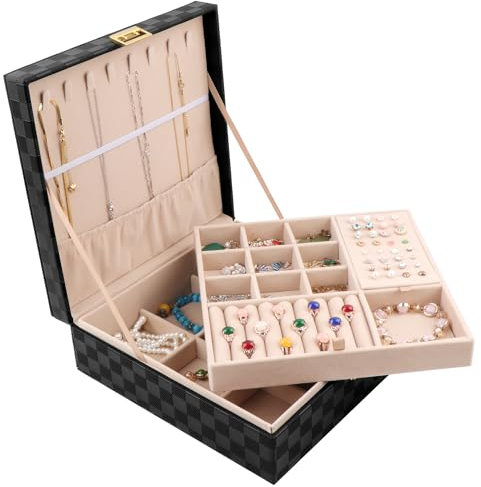 Homeanda Schmuckkästchen Große Kapazität 2-Schicht Leder Schmuckbox für Damen - Schmuckaufbewahrung Organizer für Ketten, Ringe, Ohrringe, Armbänder(Schwarz)