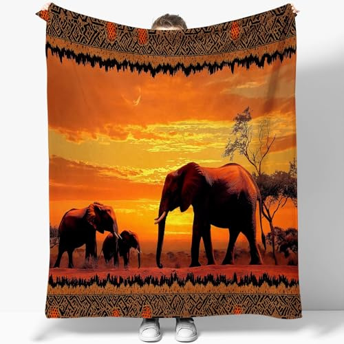 Kuscheldecke Sherpa Decke Afrikanisches Muster Sonnenuntergang Elefant Flanell Gedruckte Decke Orangerot Mikrofaser Sherpa Fleecedecke Weich Wohnzimmerdecke Tagesdecke Sofadecke Wohndecke 180 x 200 cm