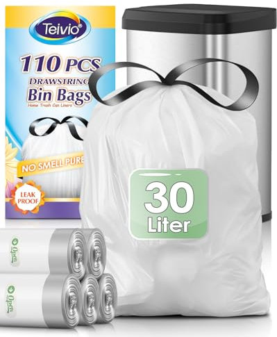 Teivio 30 Liter Medium Bin Liners with Tie Tap, 110 Counts 8 Gallon Strong Drawstring Pedal Bin Bags Fit 25-30L Trash Can, Waste Bin Bags for Home Office Kitchen Bathroom Bedroom, White Rubbish Bags