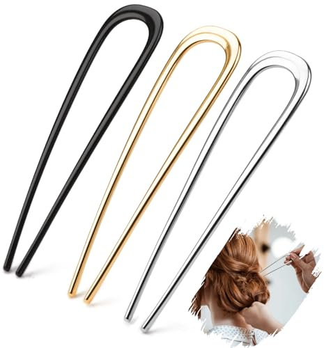 Mbsomnus 3 Pièces French Hair Pin Métal 14cm French Pin Hair Doré Argenté Noir Hair Pin Forme de U Epingle Cheveux Femme pour Femmes Tous Types de Cheveux Bouclés Raides et Épais