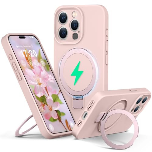 PuyaTeya Liquid Silicone Case for iPhone 15 pro with Magnetic Ring Stand, Upgraded camera lens protection, Mil-Grade Drop Shockproof, Anti-Scratch Microfiber Lining Silicone Case(Pink)