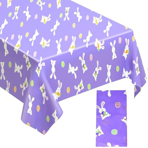 Oster-Tischdecke, Osterhasen-Tischdecken, Ostereier-Tischdecke, Oster-Party-Tischdecke, Osterdekorationen für Picknick, Zuhause, Esszimmer, Osterhase und Eier, Lila, 137 x 274 cm