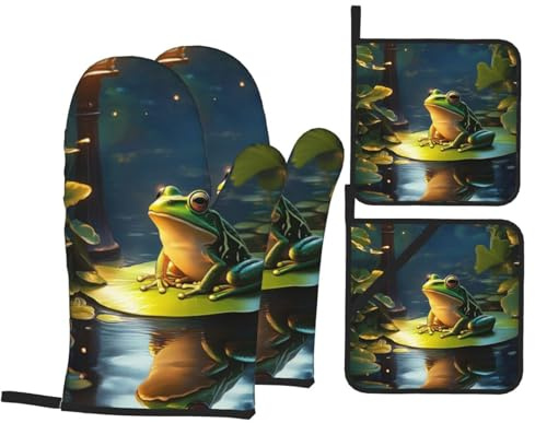 Ofenhandschuhe und Topflappen, Tier-Frosch-Ofenhandschuhe mit Topflappen, rutschfeste Handschuhe, hohe Hitzebeständigkeit, 500 Grad, für Grill, Backen, Kochen, Ofen, Mikrowelle, 4 Stück