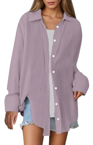 Musselin Bluse Damen Oversized Weiss Sommer Hemdbluse Baumwolle Oversize Longbluse Langarm Modern Oberteile Long Shirt Elegant Hemd Bluse Locker Langarmshirt Tuniken