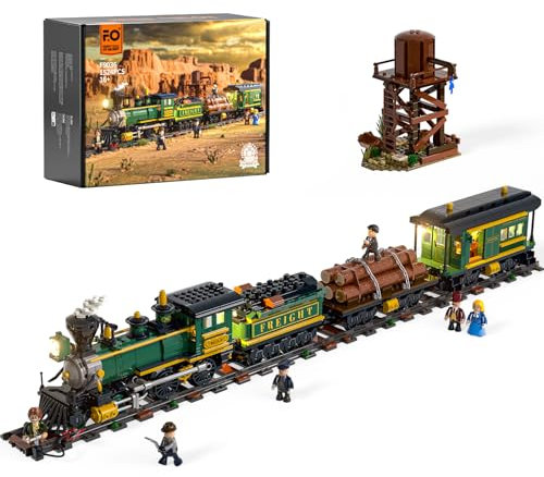 FUNWHOLE Western-Güterzug Bauset – 1524 PCS 4-4-0 Dampflok Modell mit Beleuchtung, Gleisen, Wasserturm & 6 Minifiguren – BAU- & Sammlerspielzeug für Erwachsene, Westliches Diorama & Geschenkidee