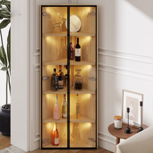 Vitrina de cristal LED, 62 x 35 x 160 cm, exterior de roble, barra de luz integrada, armario de cristal templado a prueba de polvo, vitrina de esquina con puerta, vitrina de colección, estantería