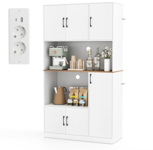 RELAX4LIFE Credenza Armadio da Cucina, Scaffale Alto con 4 Armadietti con Ante e 2 Ampi Ripiani Aperti, Prese di Ricarica, Foro per Cavi, per Soggiorno Ufficio Sala da Pranzo (BIANCO)