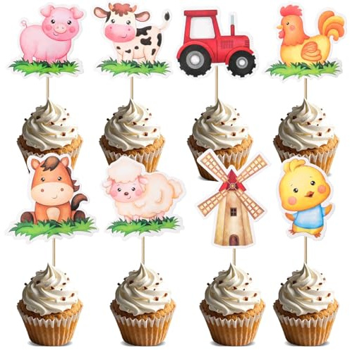 CHarmeFleur 32 Stück Bauernhof Cupcake Deko Farm Tiere Cupcake Spieße für Kinder Baby Shower Geburtstag Bauernhof Traktor Thema Party Deko