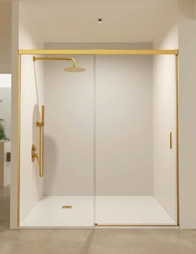 Mice - Mampara de Baño Frontal / 1 Panel Fijo + 1 Puerta Corredera/Mampara de bañera/Cerramiento de ducha/Mampara corredera con perfilería de aluminio color Oro Cepillado/Medida 150 x 195 cm