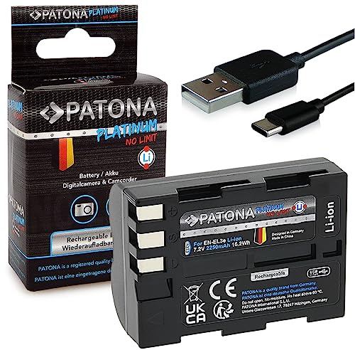 PATONA USB-C PLATINIUM EN-EL3E Batteria 2250mAh compatibile con Nikon D50 D70 D70s D80 D90 D100 D200 D300 D300S D700 EN EL3E ENEL3E