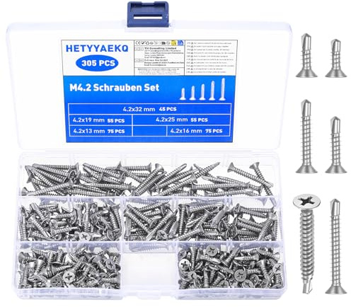 305 PzViti Autofilettanti a Testa Cilindrica in Metallo, M4,2 Viti per Lamiera, Set di Viti in Acciaio Inox per lavorazione dei metalli, legno, plastica
