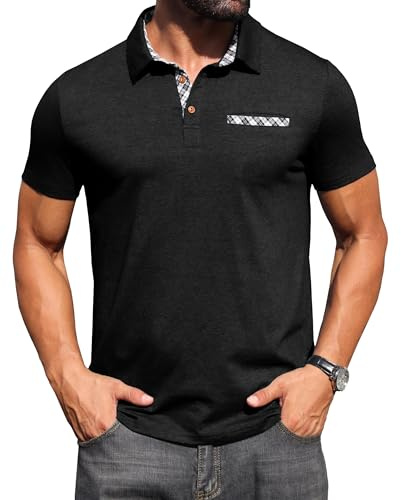 Hisir Mens Polo Shirt Cotton Short Sleeve Contrasting Colors Regular T-Shirt Tops Summer Casual Sports Workwear with Pocket