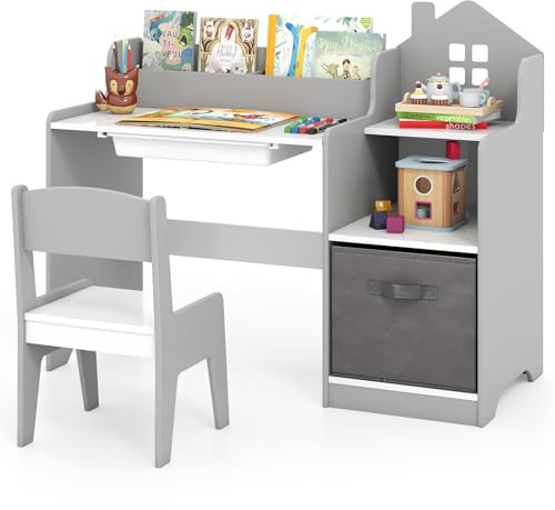 COSTWAY Schreibtisch Kinder, Kinderschreibtisch mit Stuhl, Schublade, offenen Regalen & Stoffbehälter, Schülerschreibtisch Holz in Hausform, Jugendschreibtisch für Kinder ab 3 Jahren (Grau)
