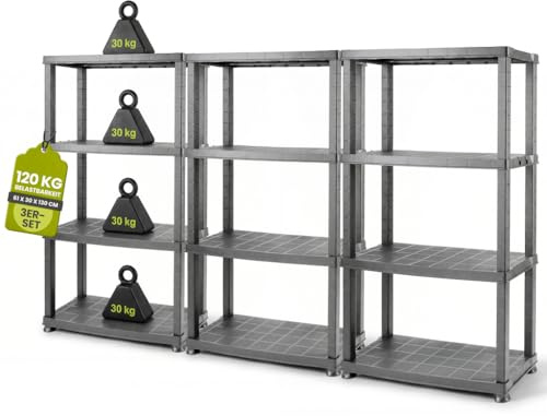 Kreher® Kunststoffregal „Neo“ mit 4 Böden - Steckregal für Haushalt, Keller & Garage - Standregal, Lagerregal & Aufbewahrungsregal - Schwarz oder Grau - Set auswählbar (Grau, 3)