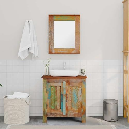 ATOMSTACK MAKER Vintage Waschbeckenunterschrank mit Spiegel aus recyceltem Massivholz (60x30x60 cm + 45x55 cm), 2-Fach-Regal, antiker Look mit Eisenknöpfen – Badezimmer-Möbelset