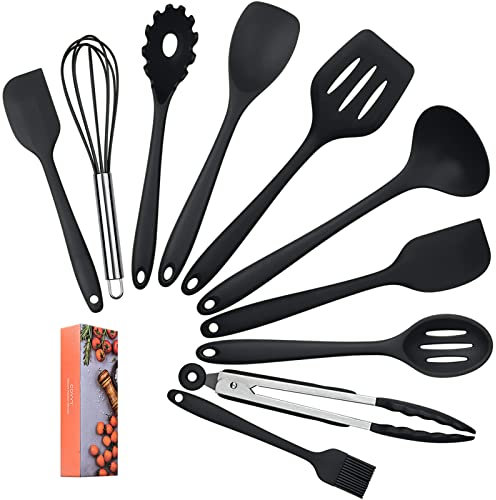 Lysport Home Utensilios de Cocina de Silicona (10 Piezas) Utensilios de Cocina y Horno Resistentes al Calor Antiadherente - Utensilios de Cocina No Rasguños Kitchen Good Helper (Negro)