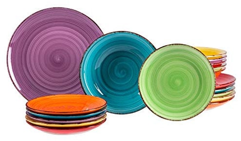 MamboCat 18tlg. Teller-Set uni bunt | Edles Steingut-Geschirr | Speiseteller + Suppenteller 750 ml + Kuchenteller | 6 Farben | mediterran