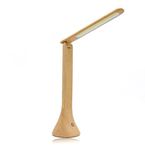 Fishtec - LED-Schreibtischlampe – Nachttischlampe mit Touch-Steuerung und 3 Helligkeitsstufen – 180° neigbar – Betrieb über USB oder Batterien – Elegantes Holzdesign – Höhe 25 cm