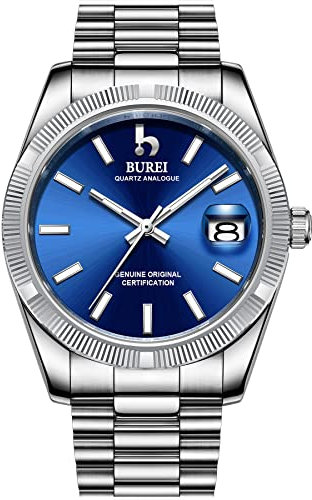 BUREI Herren armbanduhren Quarz Wirst Uhr Blue Analog Dial mit Datumsfenster Saphirglaslinse Silber Edelstahlgehäuse und -Band