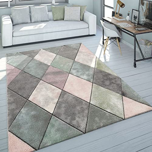 Paco Home Teppich Wohnzimmer Bunt Pastellfarben Rauten Muster 3-D Design Kurzflor Robust, Grösse:80x300 cm