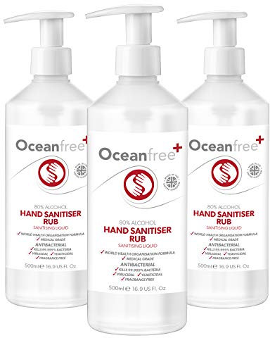 80% Alcohol Hand Sanitiser Liquid Rub - 3x 500ml Pump Bottle - Certified Surgical/Medical Grade - Made in the UK (Pack of 3)