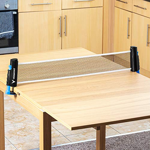 Vermont Retractable Table Tennis Net | Portable Dining Table, Office Desk, Indoor & Outdoor Ping Pong Set | Adjustable Instant Net - Optional Paddle & Balls Set