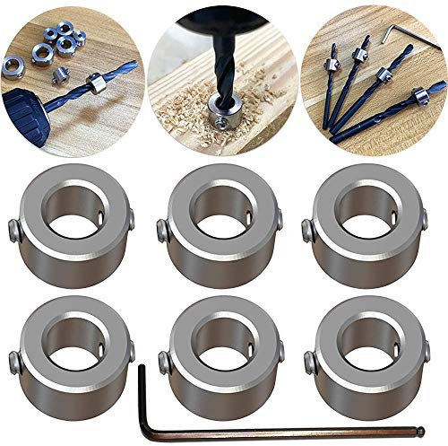 Butée de Profondeur de Foret, CESFONJER Butée de Profondeur Colliers Anneau Positionneur Durable Foret À Bois (ID:7mm, 6pcs), avec clé Hexagonale