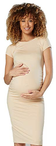 HAPPY MAMA. Femme maternité midi Robe Moulante Ras du Cou Manches Courtes. 183p (Beige, 46, 3XL)
